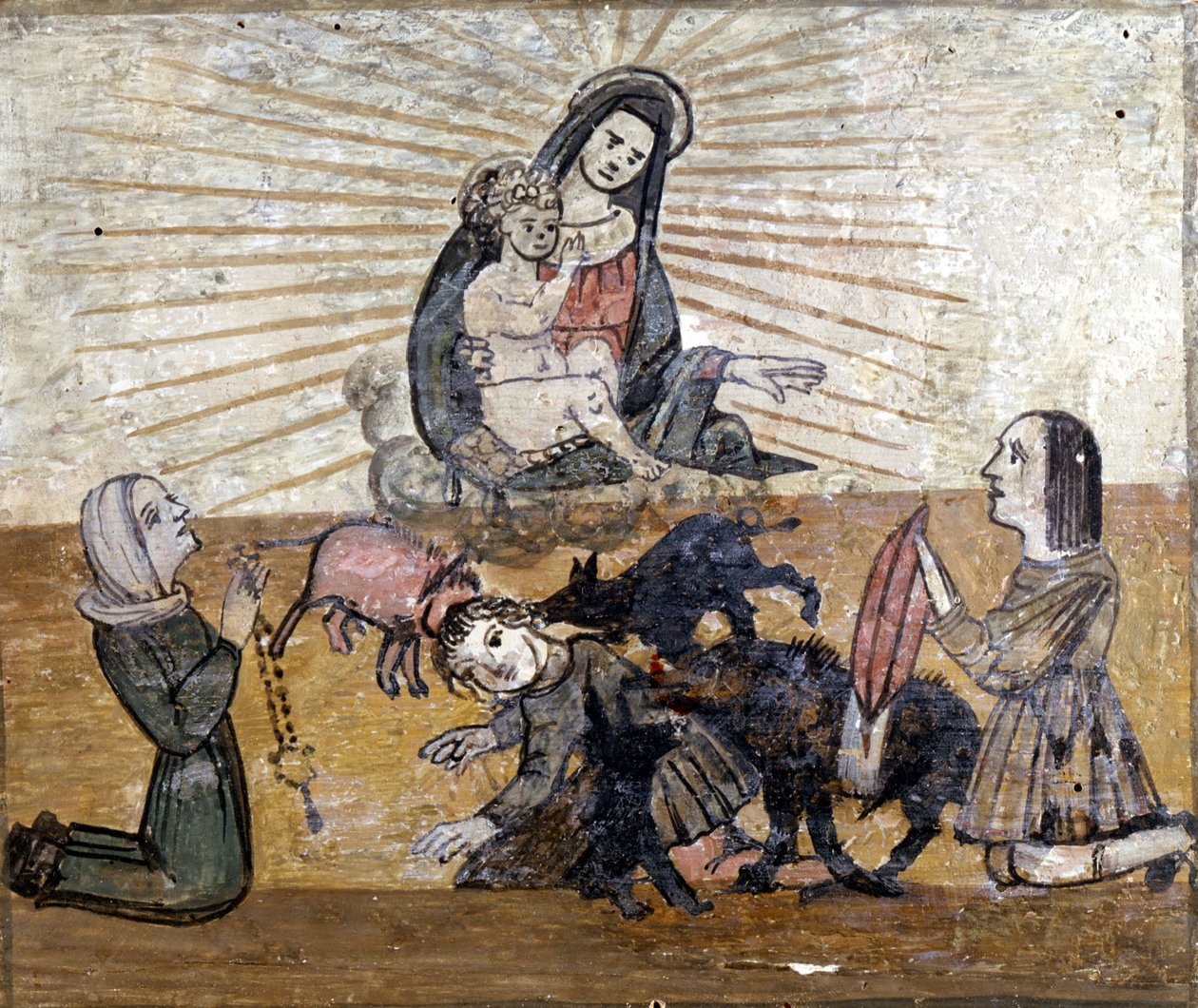 Młody chłopak zaatakowany przez grupę dzikich świń (dzików). Ex voto z XVI wieku sanktuarium Madonna del Monte w pobliżu Cesena (Forlí). autorstwa Unknown artist