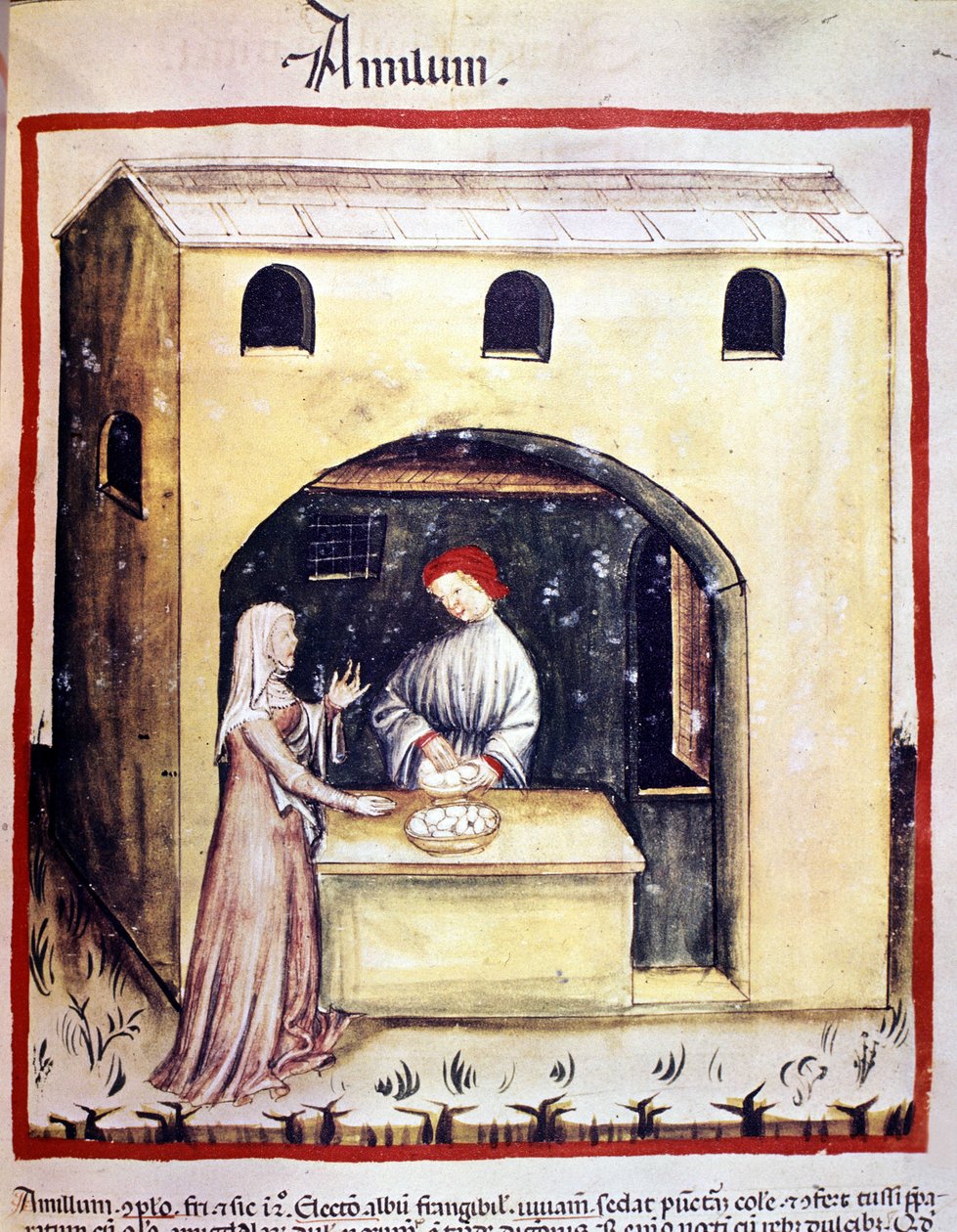 Młoda kobieta kupuje jajka od handlarza. Oświetlenie z doju medycyny i dietetyki „”Tacuinum sanitatis”” autorstwa Unknown artist