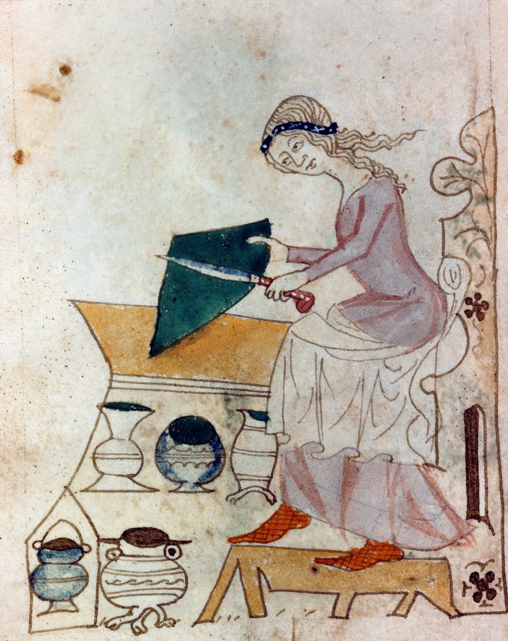 Młoda kobieta ostrzenie noża. Miniatura zaczerpnięta z prowansalskiego rękopisu typu „Dis des philosophes” (MS Palat. 586) XIV-wieczna Biblioteca Nazionale Florence autorstwa Unknown artist