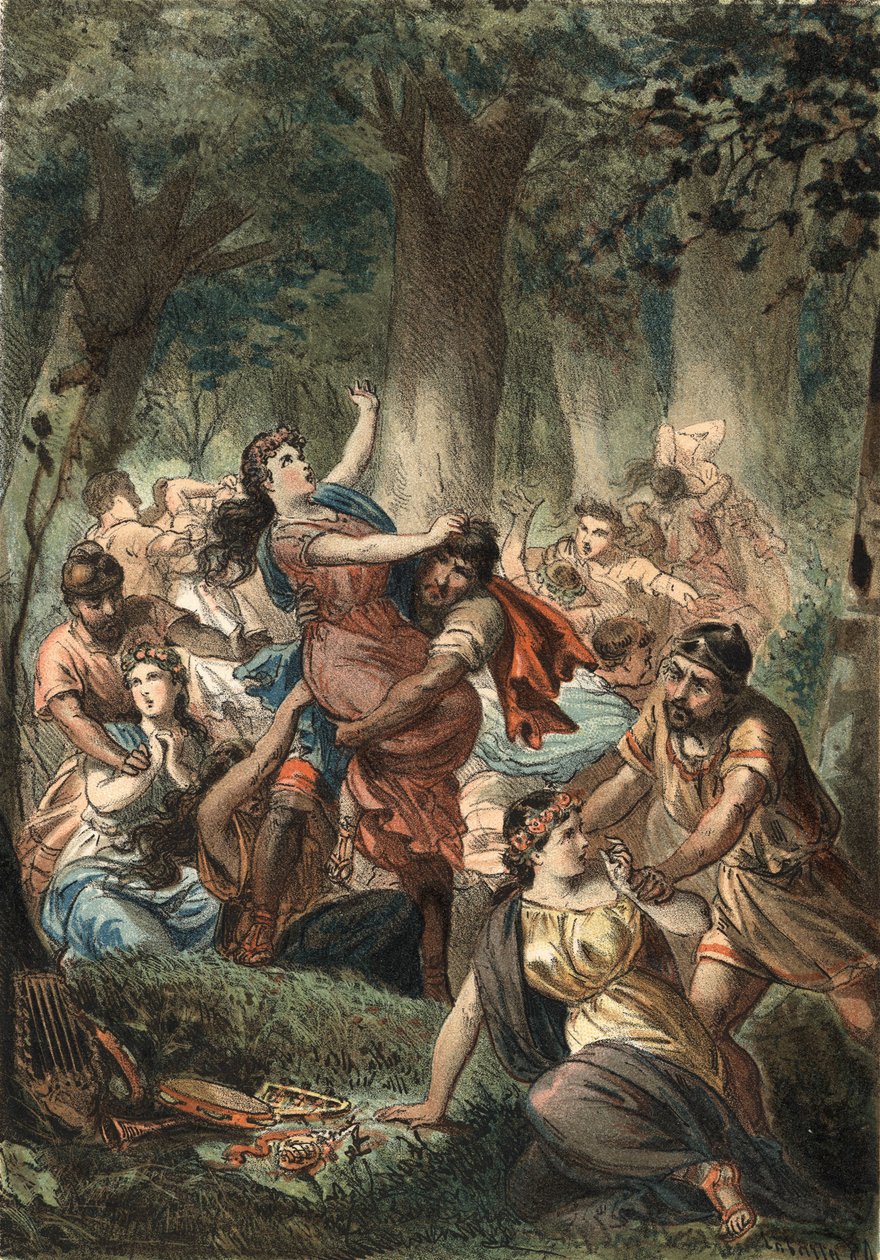 Uprowadzenie Sabinów przez Rzymian. Grawer z 1881 r. w „” Kult piękna”” autorstwa Juan Justo Huguet, redaktorzy Molinas Hermanos autorstwa Unknown artist