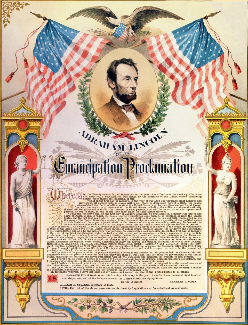 Abraham Lincoln i jego proklamacja wyzwolenia niewolników (flagi i orzeł). 22.09.1862. autorstwa Unknown artist