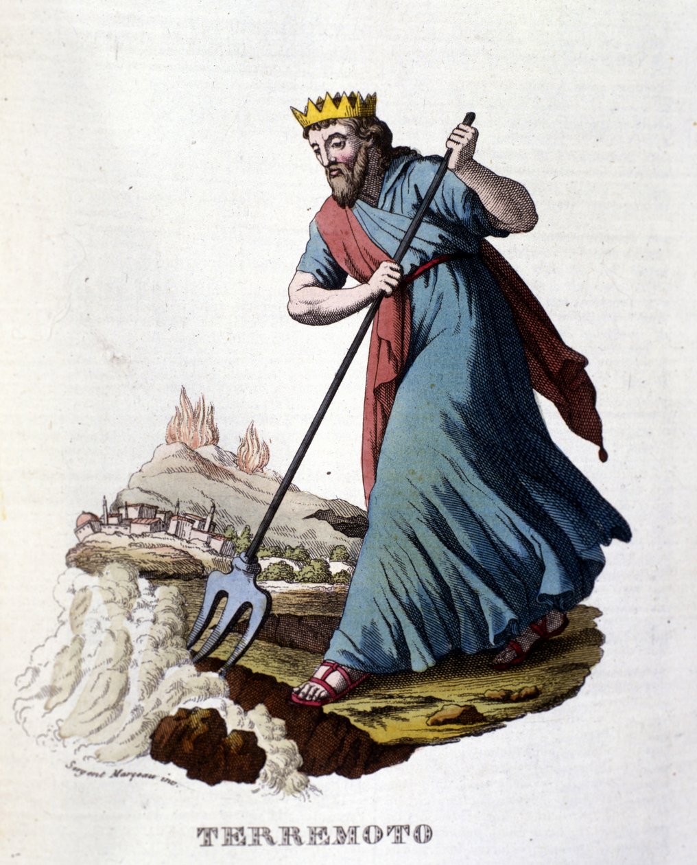 Według mitologii greckiej trzęsienia ziemi powoduje Neptun, który potrząsa ziemią swoim trójzębem. Rycina XIX wieku. autorstwa Unknown artist