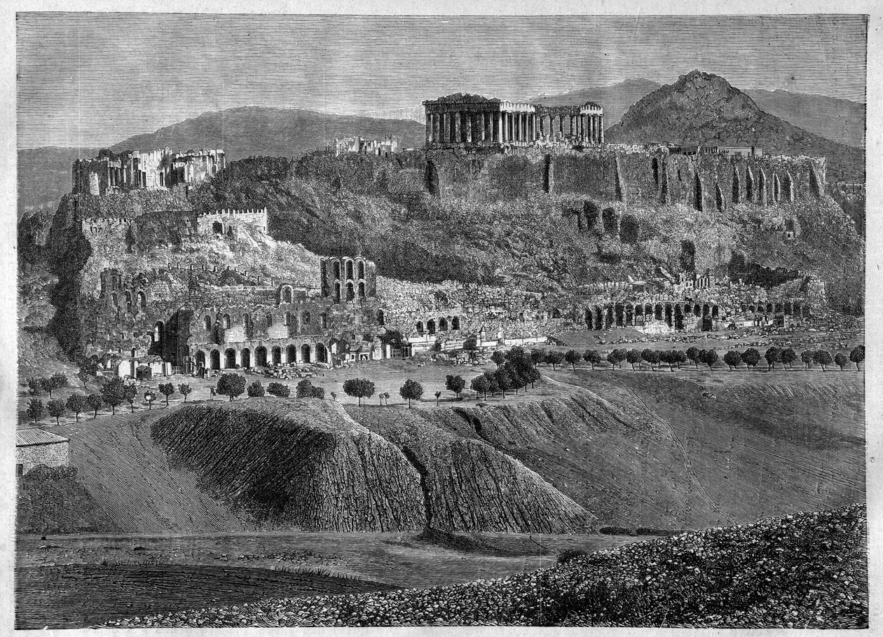 Akropol w Atenach 1881- Akropol w Atenach w 1881 - grawerowanie - autorstwa Unknown artist