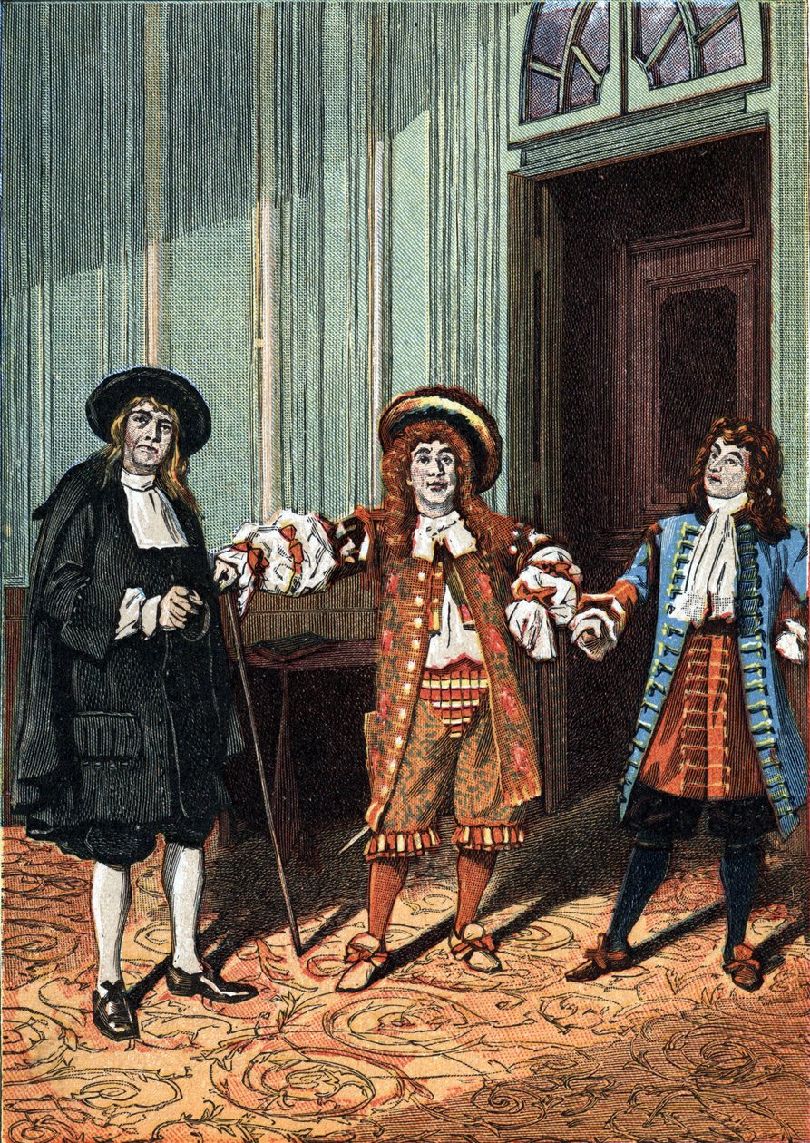 II akt komediowo-baletowy „Le Bourgeois Gentilhomme” w pięciu aktach prozą Moliera. Mistrz filozof (Pan Lenoir), mistrz tańca (Pan Truffier), Pan Jourdain (Młodszy Pan Coquelin). Około 1890 roku. autorstwa Unknown artist
