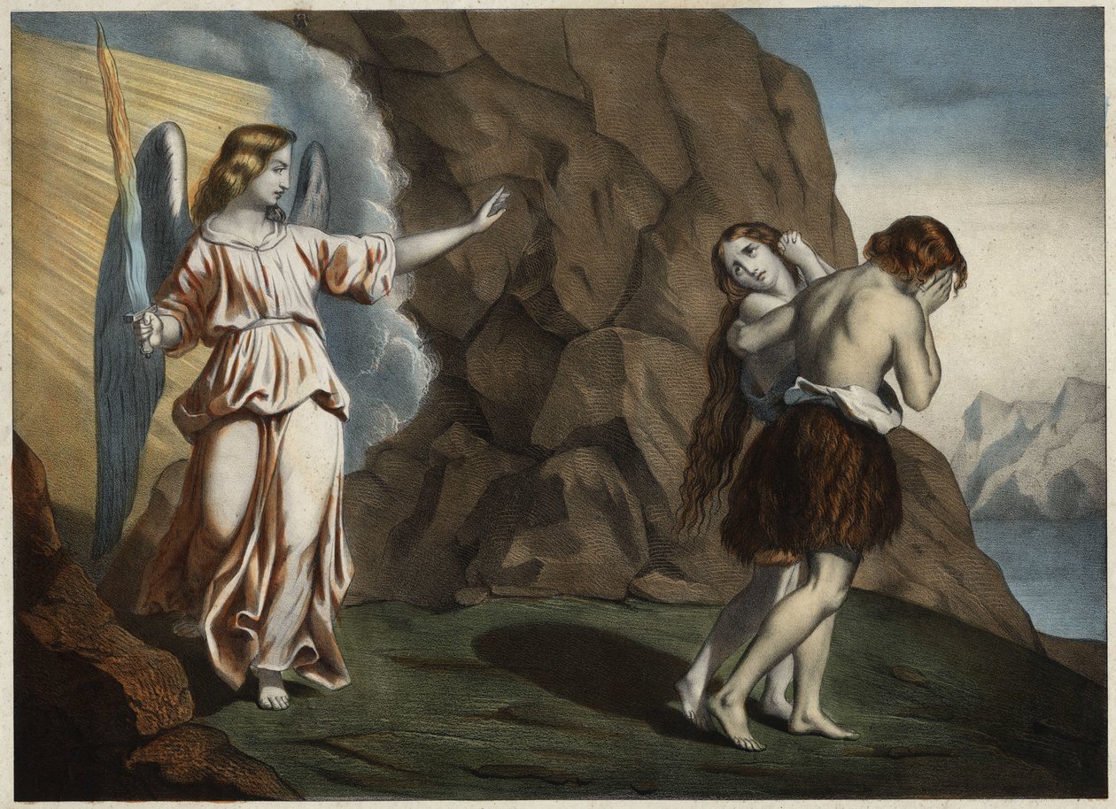Adam i Ewa wygnali z raju. Anonimowy rycina z połowy XIX wieku. autorstwa Unknown artist