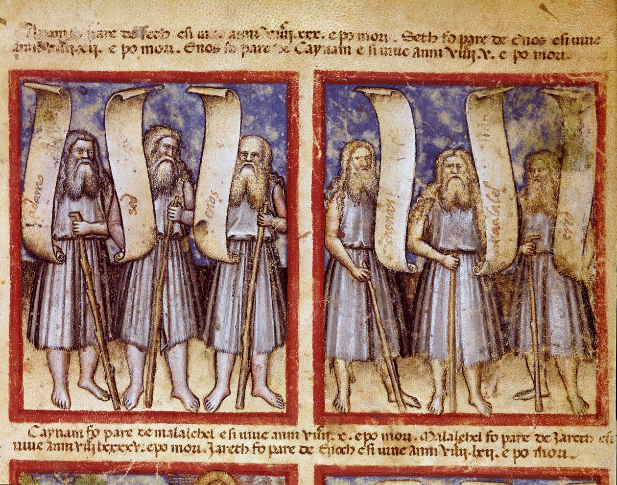 Po Genealogii Adama następują Seth, Enoch (Enoch lub Enosh), Kenan, Mahalalel (Mahalalel) i Jared (lub Jared), wielcy patriarchowie Miniaturowej Biblii. autorstwa Unknown artist