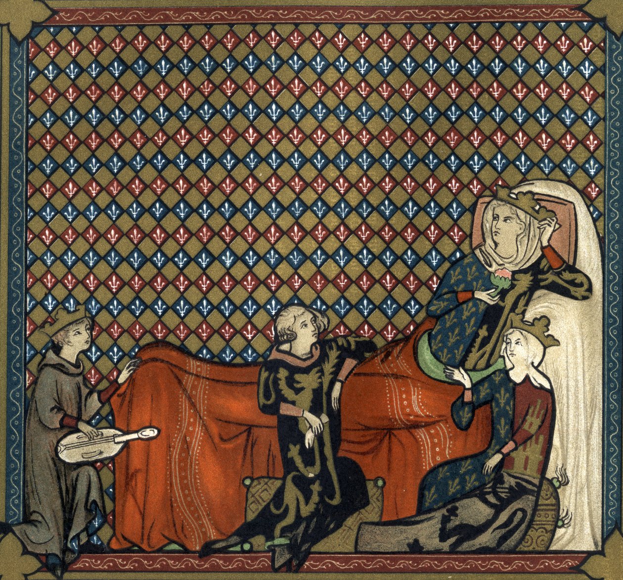 Adenet le Roi (ok. 1240- ok. 1300), poeta i menestrel, recytuje powieść Kleomadesa, przed Matyldą de Brabant (1224-1288) i księżniczką Kastylii Blanche (córką św. Ludwika). Faksymile w chromolitografii XIX wieku po miniaturze autorstwa Unknown artist