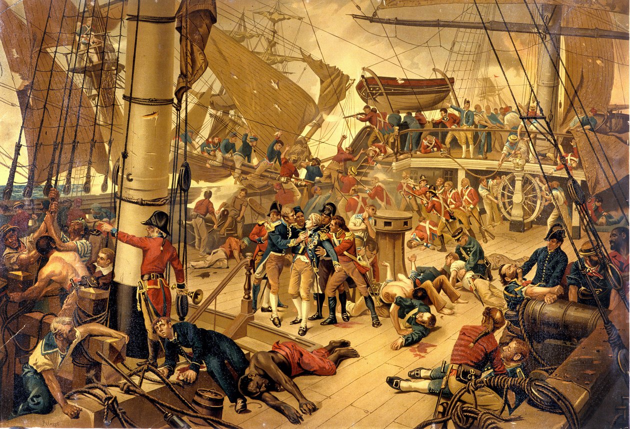 Admirał Nelson ciężko ranny na Moście Zwycięstwa podczas bitwy pod Trafalgarem 21.10.1805. autorstwa Unknown artist