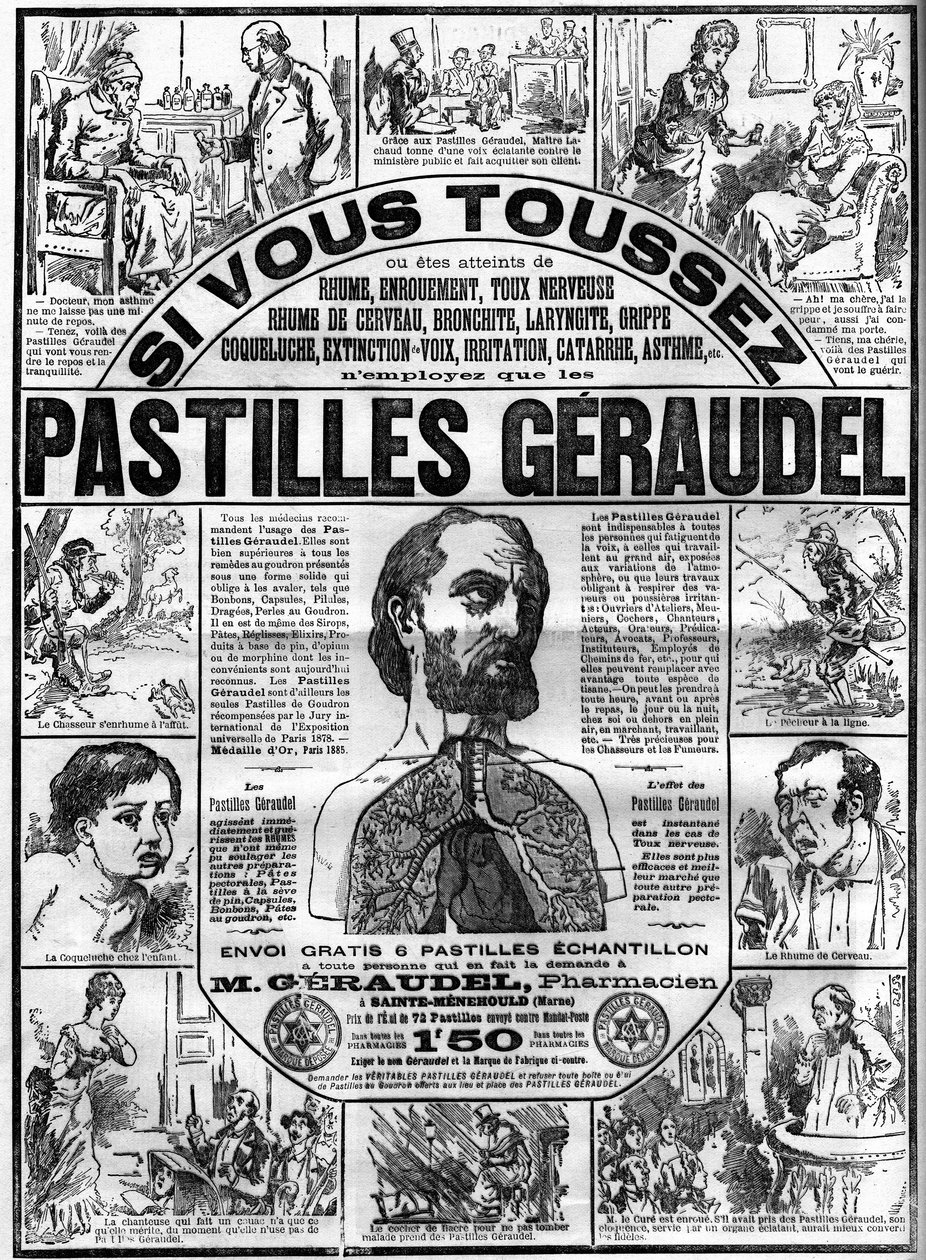 Reklama tabletek Geraudela przez farmaceutę Arthura Geraudela (1841-1906) a Sainte-Menehould (Sainte Menehould) przeciw kaszlowi. Grawerowanie w „Le monde słynny”” autorstwa Unknown artist