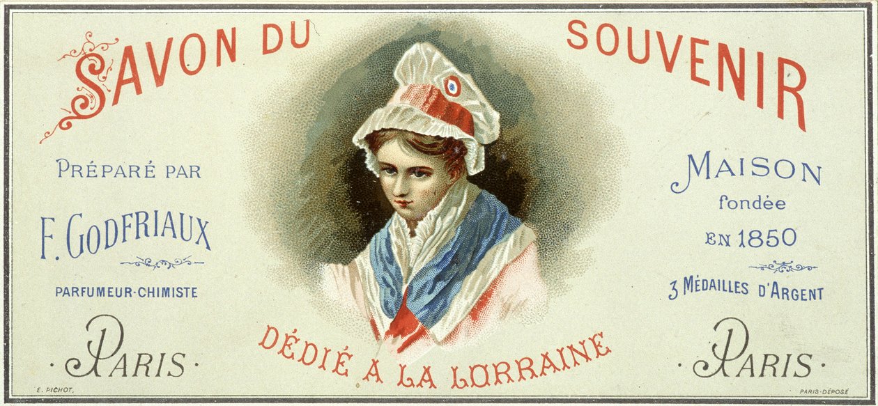 Etykieta reklamowa „Soap du pamiątka”, przygotowana przez F. Godfriaux - Maison założona w 1850 roku. Chromolitografia XIX wiek. autorstwa Unknown artist