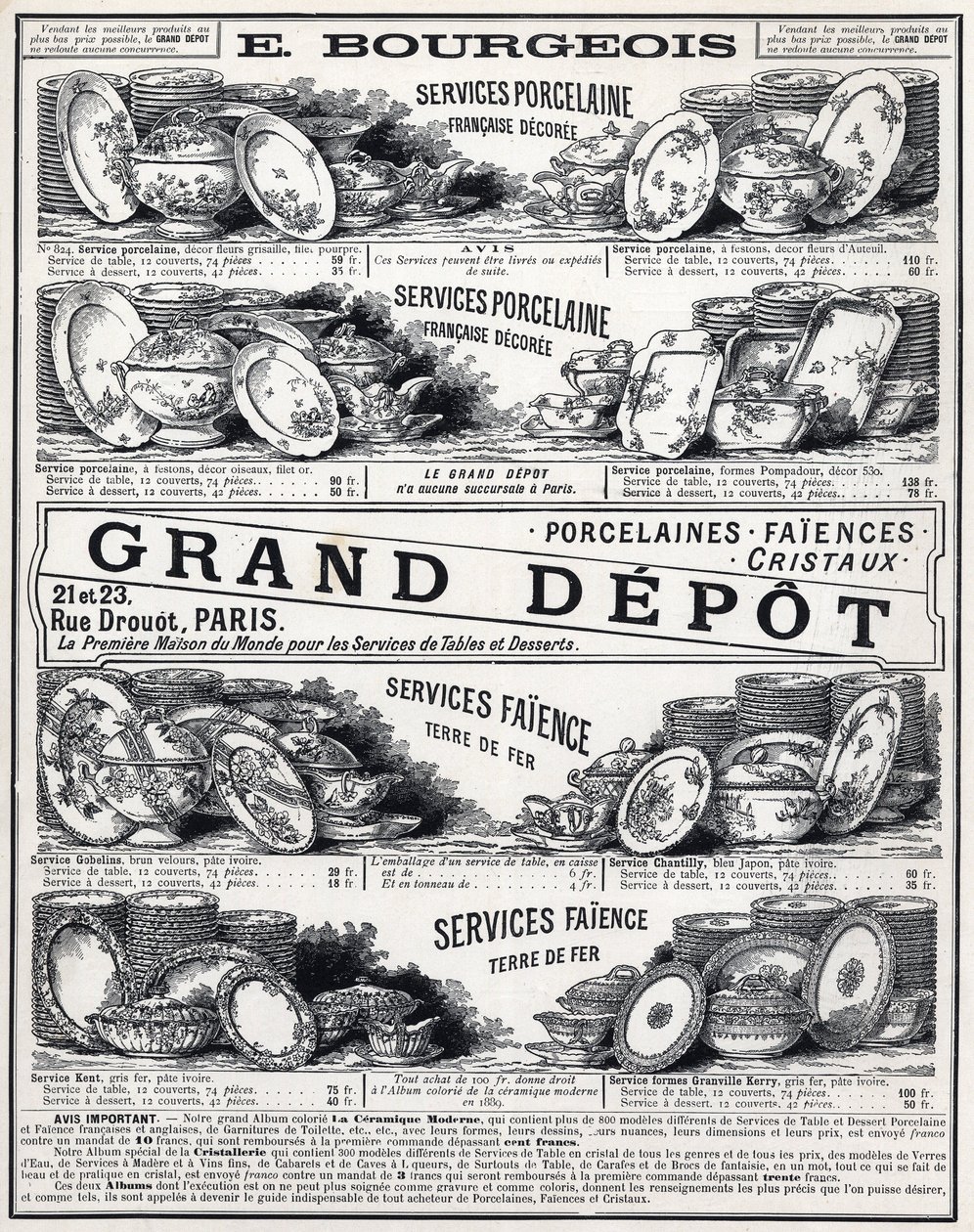 Reklama z 1889 r. dla „”La Ceramic Moderne By Le Grand Depot De Porcelaines, Faiences Et Verreries Bourgeois in Paris”” autorstwa Unknown artist