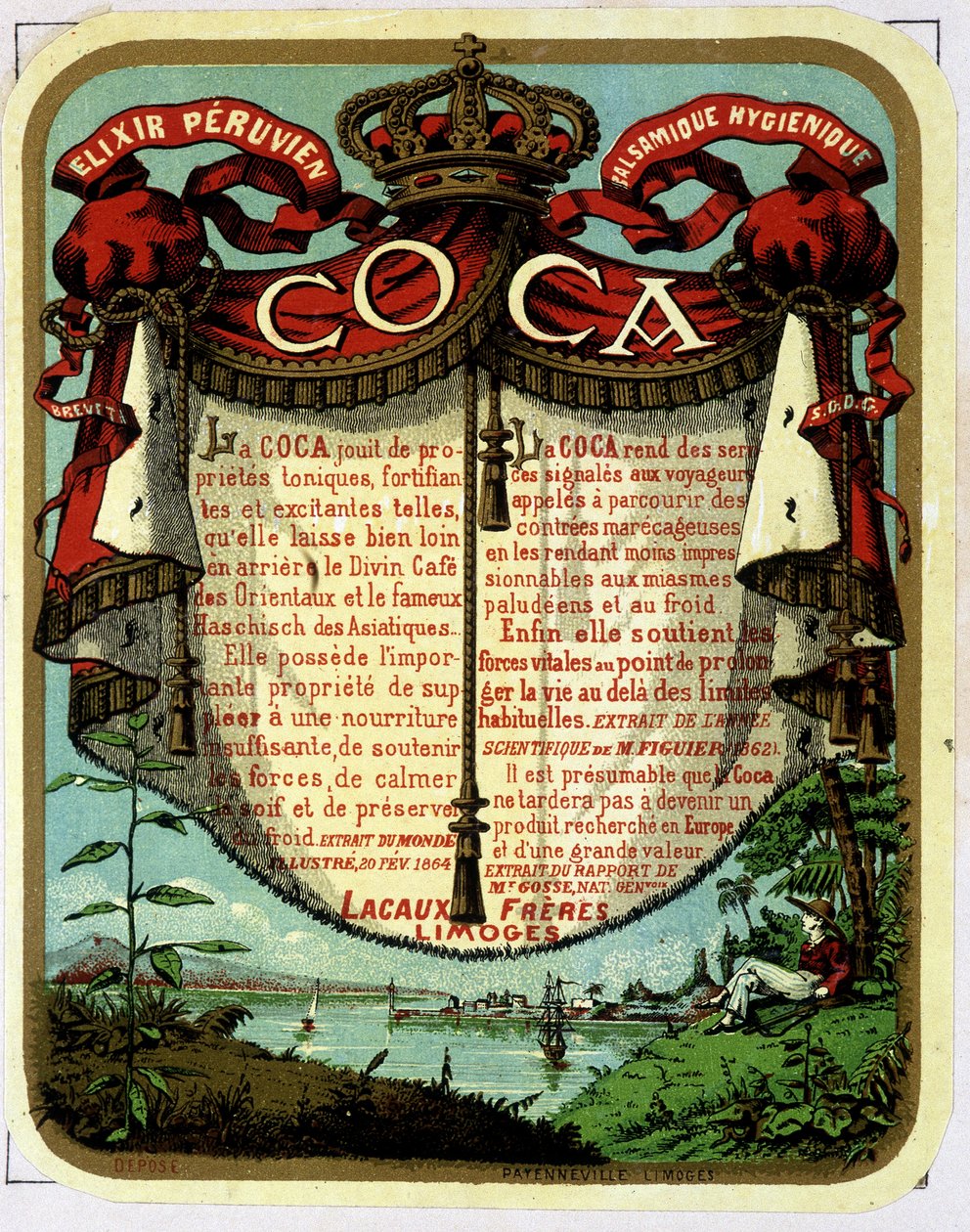 Reklama koki (produktu ekstrahowanego z kokainy): „Peruwiański balsamiczny Exilir higieniczny Exilir”, chromolitografia z XIX wieku. autorstwa Unknown artist