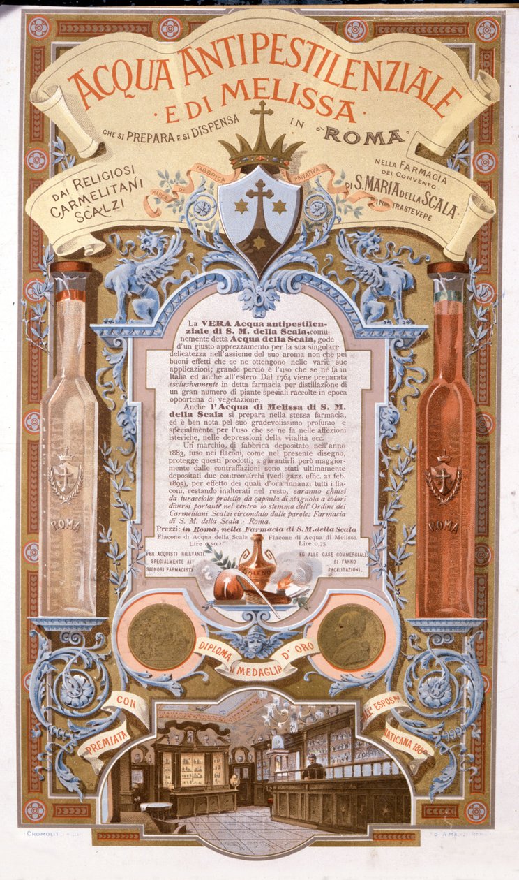 Reklama wody zapachowej: woda przeciwko zarazie melisy. chromolitografia z 1895 r autorstwa Unknown artist