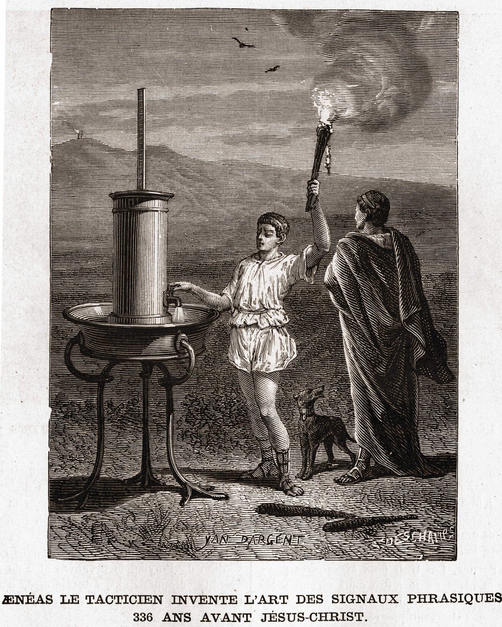 Eneasz Taktyk wynajduje sztukę sygnałów frazowych, 366 pne. Grawerowanie XIX w., kolekcja bianchetti autorstwa Unknown artist