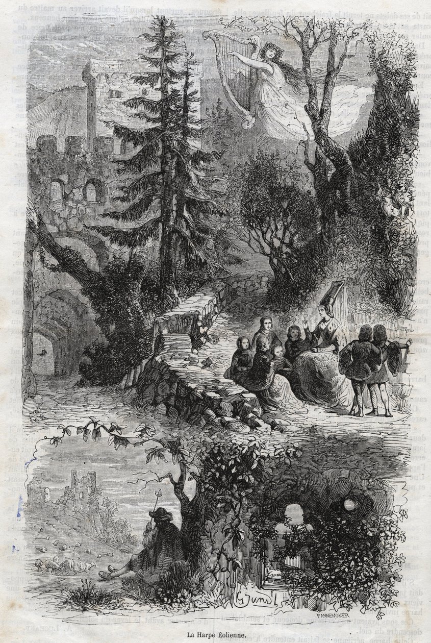 Harfa eolska - harfa dęta - Arpa eolia - harfa dęta - instrument muzyczny grany przez wiatr - rycina z 1860 roku autorstwa Unknown artist