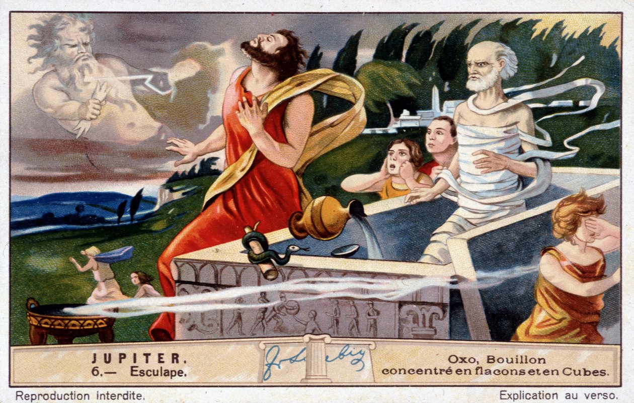 Aesculapus umiera, wysadzony w powietrze przez Jowisza, za wskrzeszenie zmarłych - chromolitografia Oxo, prod. Liebig autorstwa Unknown artist