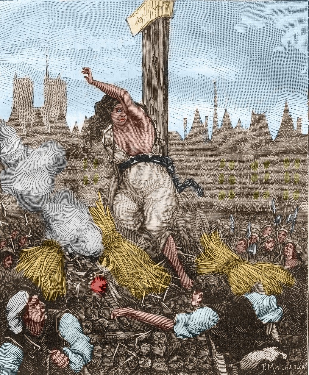 Affaire des Poisons: Katarzyna Deshayes, żona Monvoisin i przydomek La Voisin (1640-1680) została umieszczona na rzeźniku, siedząca i związana żelazem; przeklinała i odpychała słomę - w „Paris a travers les siecles” Kenouillaca autorstwa Unknown artist