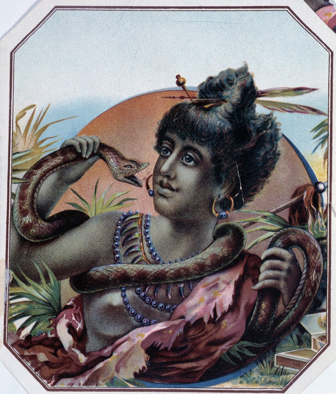 Afrykańska czarna kobieta i wąż - Etykieta na pudełko po cygarach, koniec XIX wieku autorstwa Unknown artist