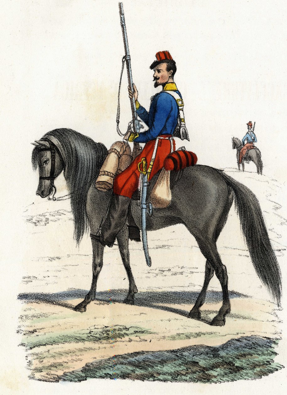 Afrykański myśliwy na koniu, pułk sformowany w 1831 r., obecny w Algierii w 1832 r. W „”Storia d