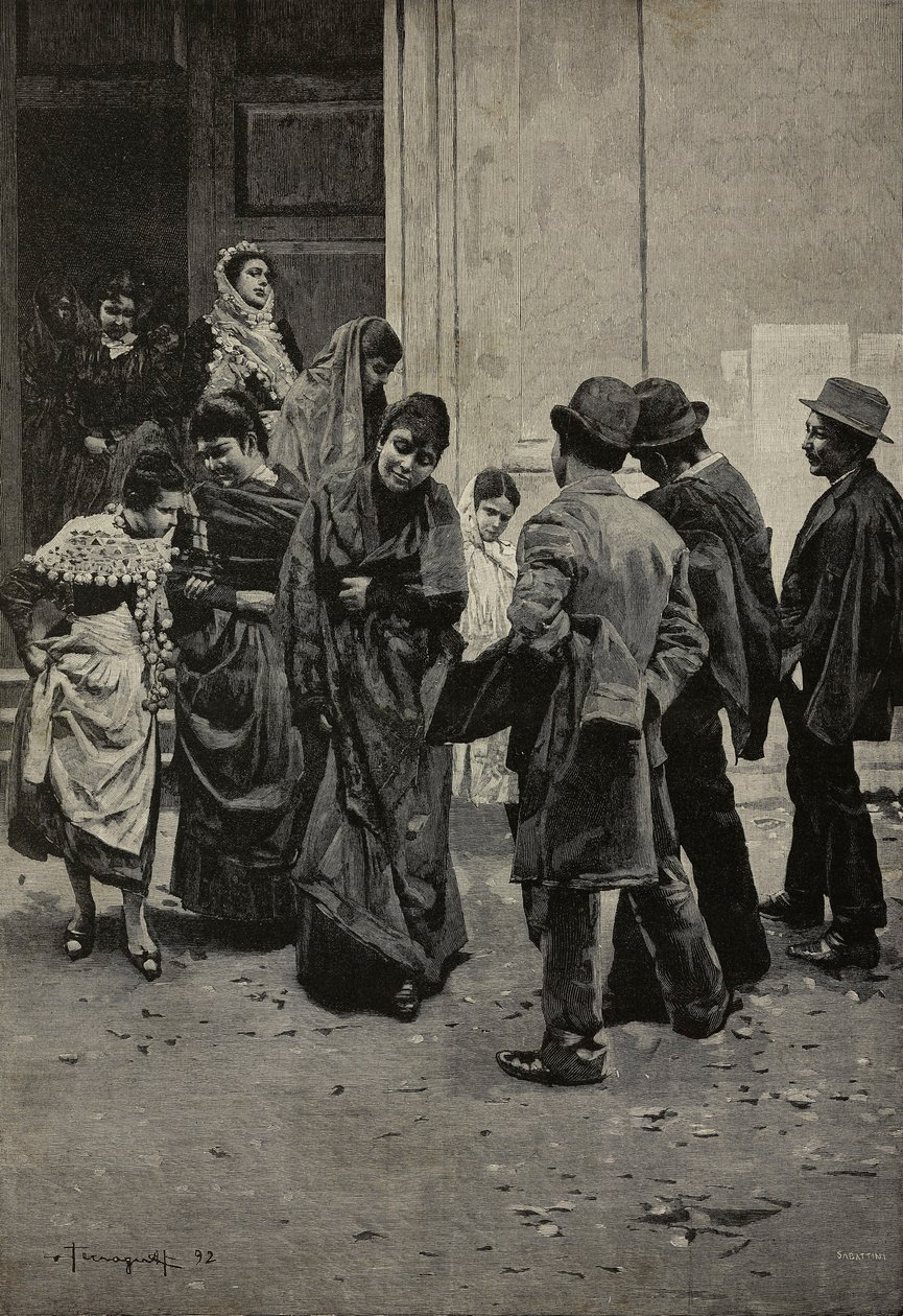 Po mszy, obraz Arnaldo Ferragutiego (1862-1925), rycina Sabbatiniego z L