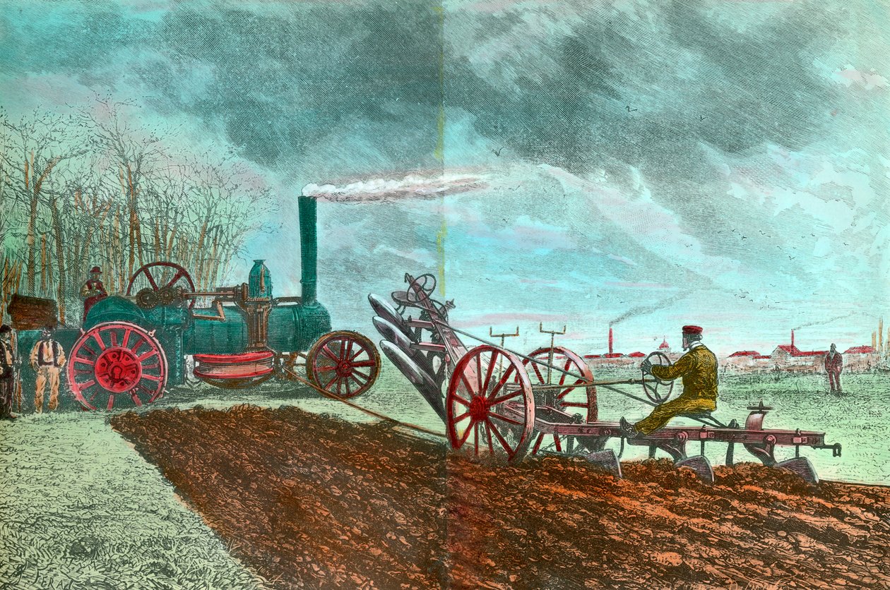 Prace rolnicze i postęp: orka parowa. Rycina XIX-wieczna kolekcja prywatna autorstwa Unknown artist