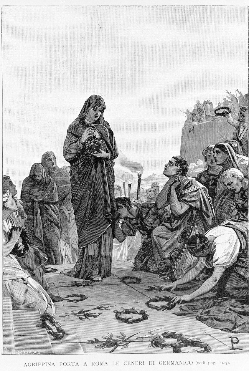 Agrypina Starsza (14 pne - 33) sprowadza do Rzymu prochy swego męża Germanika, aby domagać się sprawiedliwości od Tyberiusza za jego śmierć. autorstwa Unknown artist