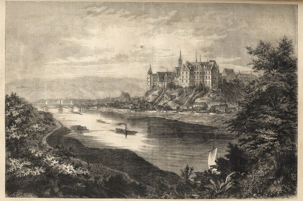 Zamek Albrechtsburg - Saksonia -Niemcy - Zamek Albrechtsburg na ziemi saksońskiej w Niemczech - grawerowanie - 1866 autorstwa Unknown artist