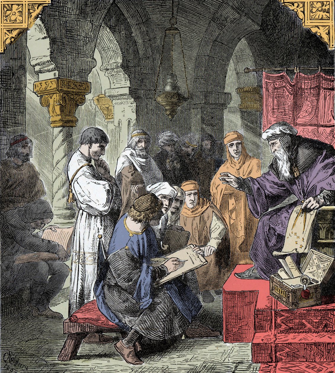 Alchemia i astrologia nauczana w szkołach - edukacja naukowa w średniowieczu: nauczyciel wygłasza wykład z astronomii i alchemii dla młodzieży autorstwa Unknown artist