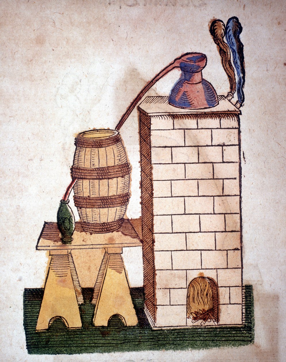 Alchemia: aparat do destylacji. Rycina z książki Pietro Andrea Mattioli (Matthiole) (1500-1577). Frankfurt autorstwa Unknown artist