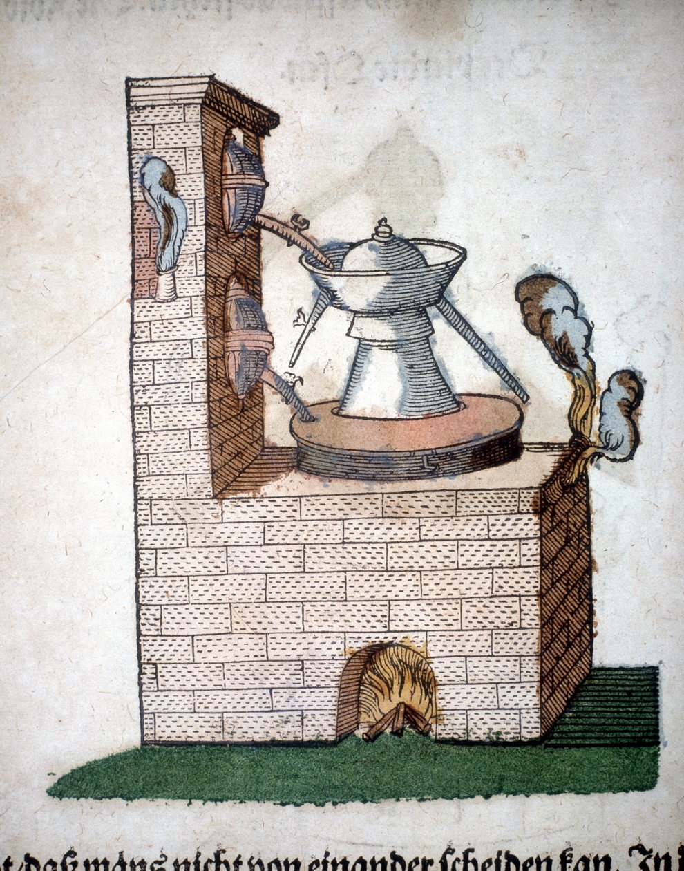 Alchemia: aparat do destylacji, zaczerpnięty z książki Pietro Andrea Mattioli (Matthiole) (1500-1577). Frankfurt autorstwa Unknown artist