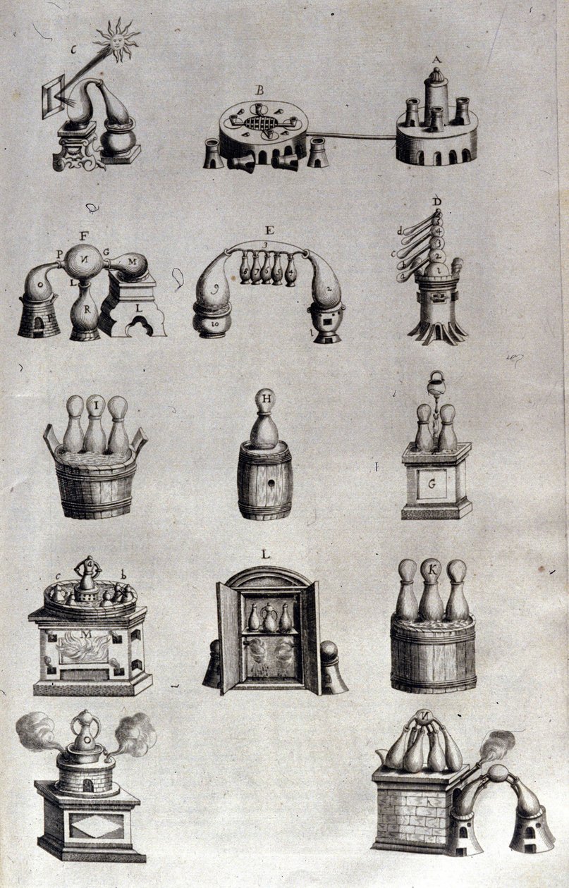 Alchemia: plansza przedstawiająca różne modele aparatury destylacyjnej i destylatorów. Athanase Kircher (lub Athanasius Kircheri 1602-1680), niemiecki jezuita. Grawerowanie z XVII wieku. autorstwa Unknown artist