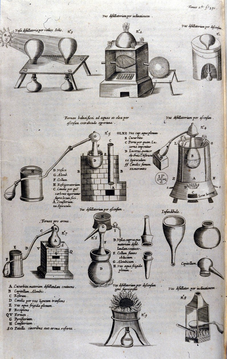 Alchemia: plansza przedstawiająca różne modele aparatury destylacyjnej i destylatorów. Athanase Kircher (lub Athanasius Kircheri 1602-1680), niemiecki jezuita. Grawerowanie z XVII wieku. autorstwa Unknown artist