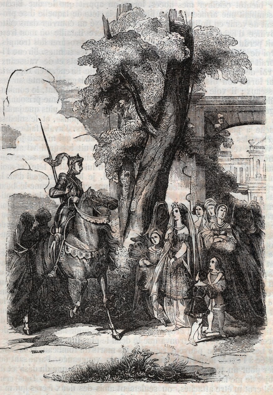 Alcina i jej dwór witają Ruggiero - rycina z 1851 r. z poematu Orlando furioso (1516) Ludovica Ariosto, - wydanie przetłumaczone z włoskiego przez hrabiego Tressan i wydane przez Gustave