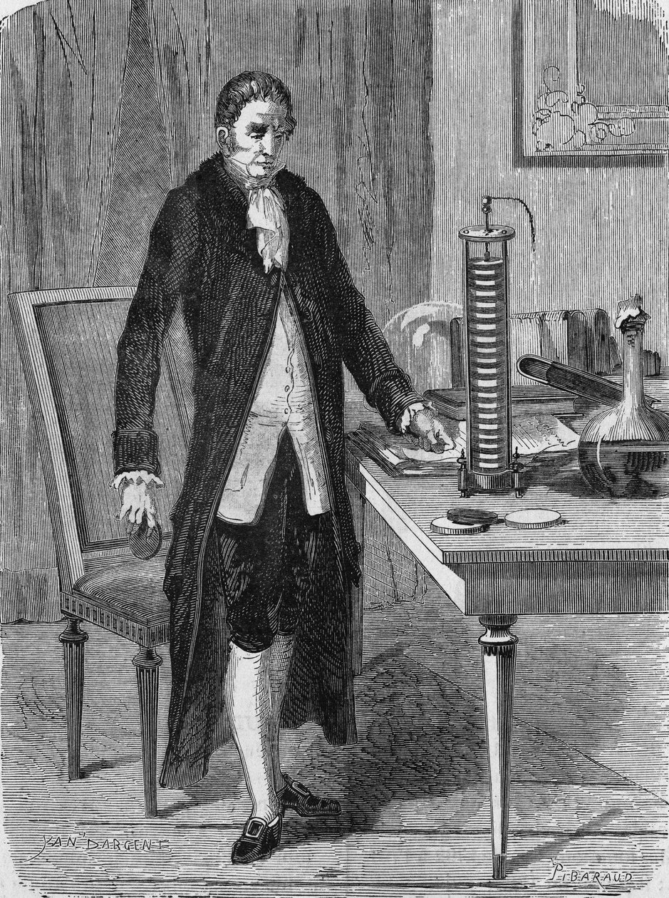 Alexander (Alessandro) Volta zbudował w grudniu 1799 roku silnik elektryczny (lub akumulator). W „Albumie nauki””, Editions Jouvet autorstwa Unknown artist
