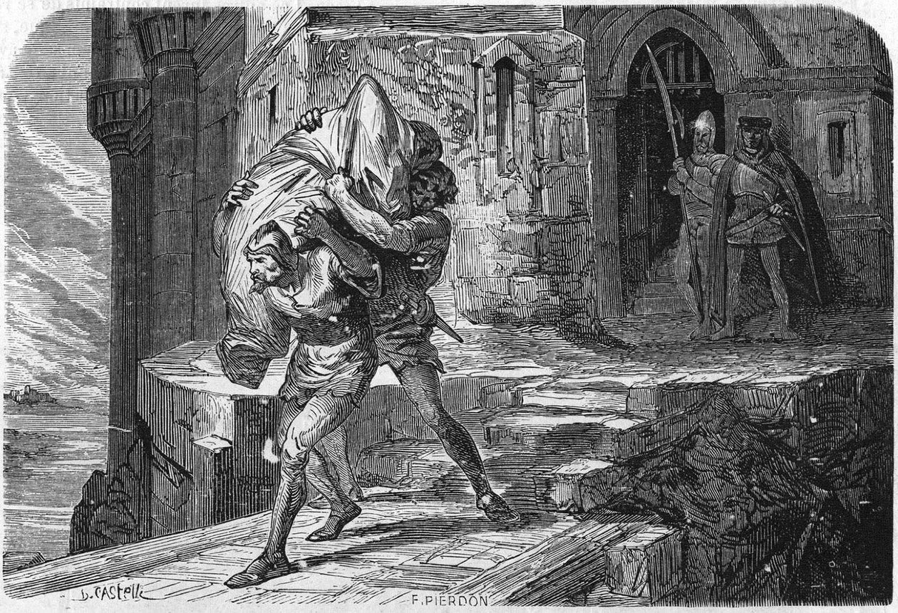 Aleksander, król i basard Burbonów, został wszyty w torbę i wrzucony do Świtu, aby zastąpić go delfinem, przyszłym Ludwikiem XI. Rycina XIX wieku. autorstwa Unknown artist