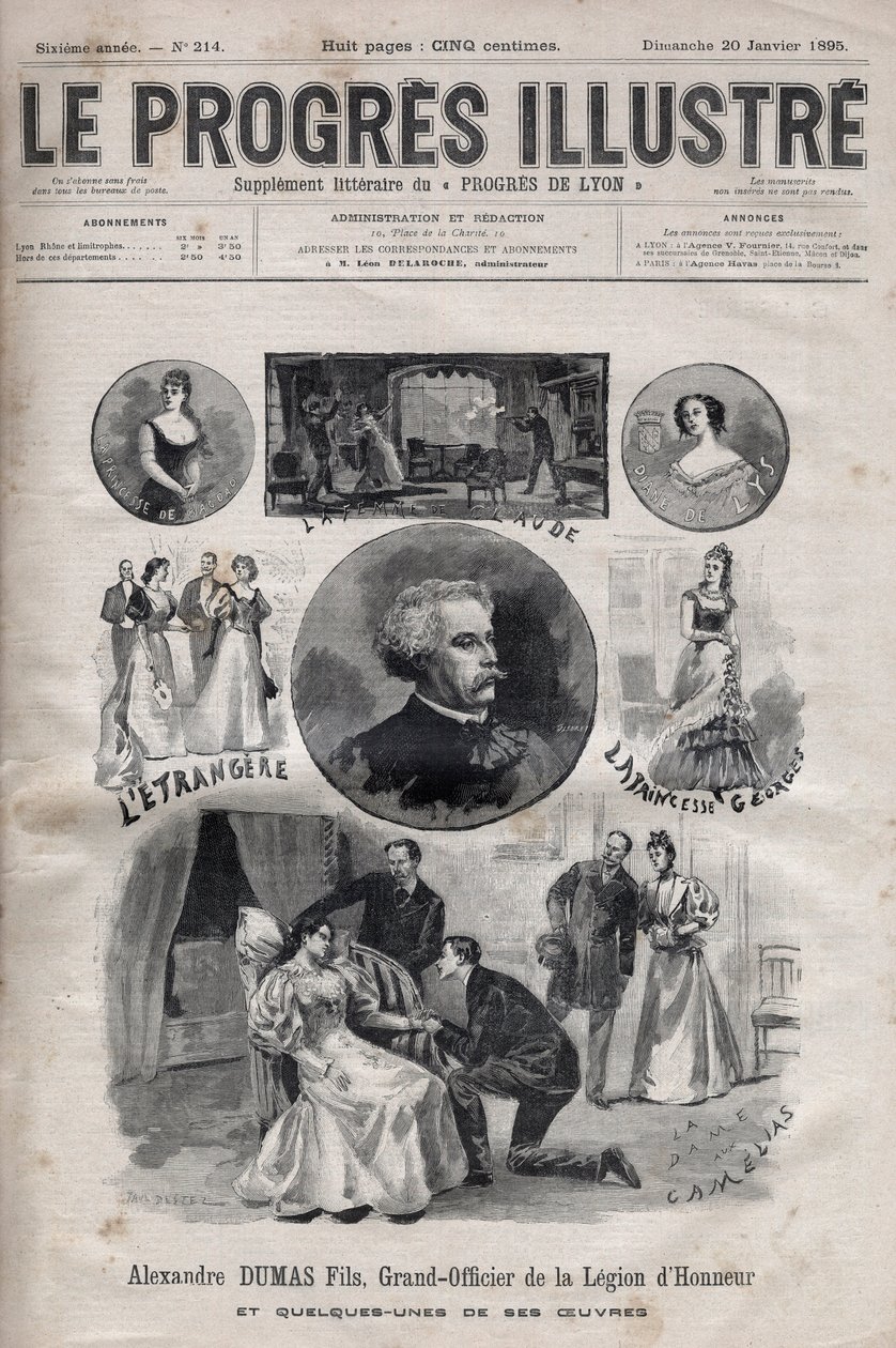 Alexandre Dumas Jr. - Wielki Oficer Legii Honorowej i niektóre jego prace - grawer w „Le Progres illustrious” z 1895 r. autorstwa Unknown artist