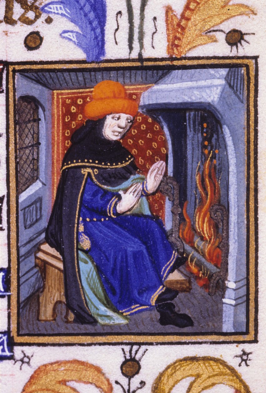 Alegoryczne przedstawienie lutego. Mężczyzna grzeje się przed kominkiem. Miniatura rękopisu z XIV wieku. autorstwa Unknown artist