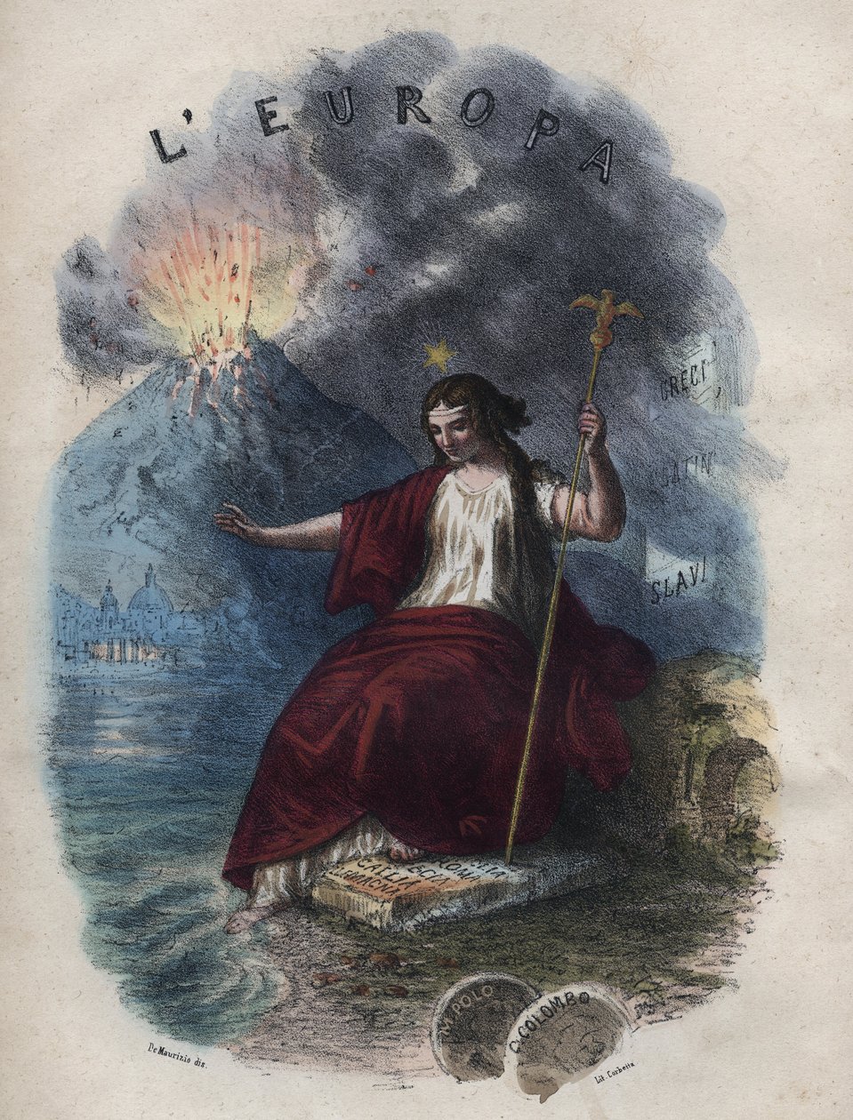 Alegoria Europy - rycina z „Zwyczajności Wszystkich Ludów Wszechświata”. Czyli Historia rządu, praw, milicji, religii wszystkich narodów od czasów najdalszych do dnia dzisiejszego „1856 autorstwa Unknown artist