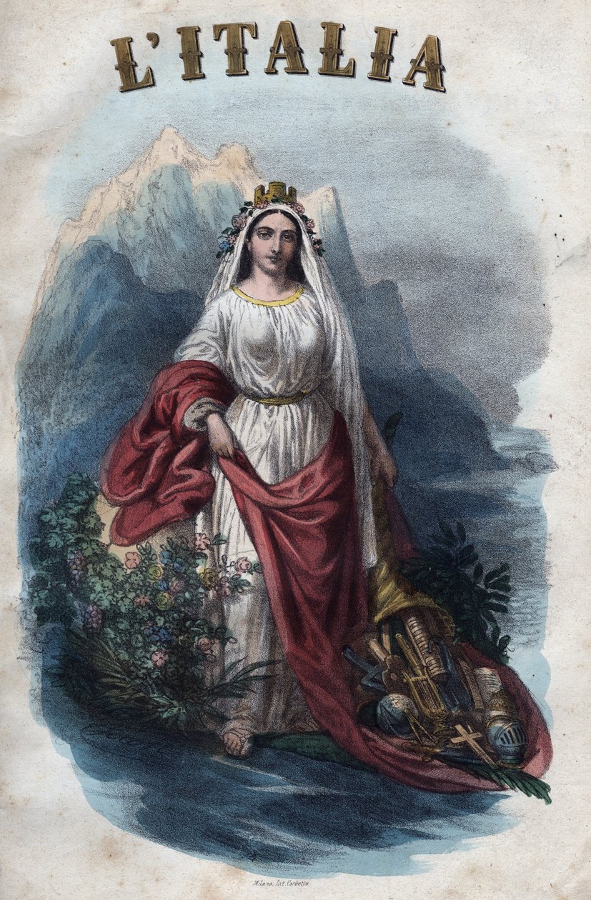 Alegoria Włoch - rycina z „Zwyczajności Wszystkich Ludów Wszechświata”. Czyli Historia rządu, praw, milicji, religii wszystkich narodów od czasów najdalszych do dnia dzisiejszego „1856 autorstwa Unknown artist