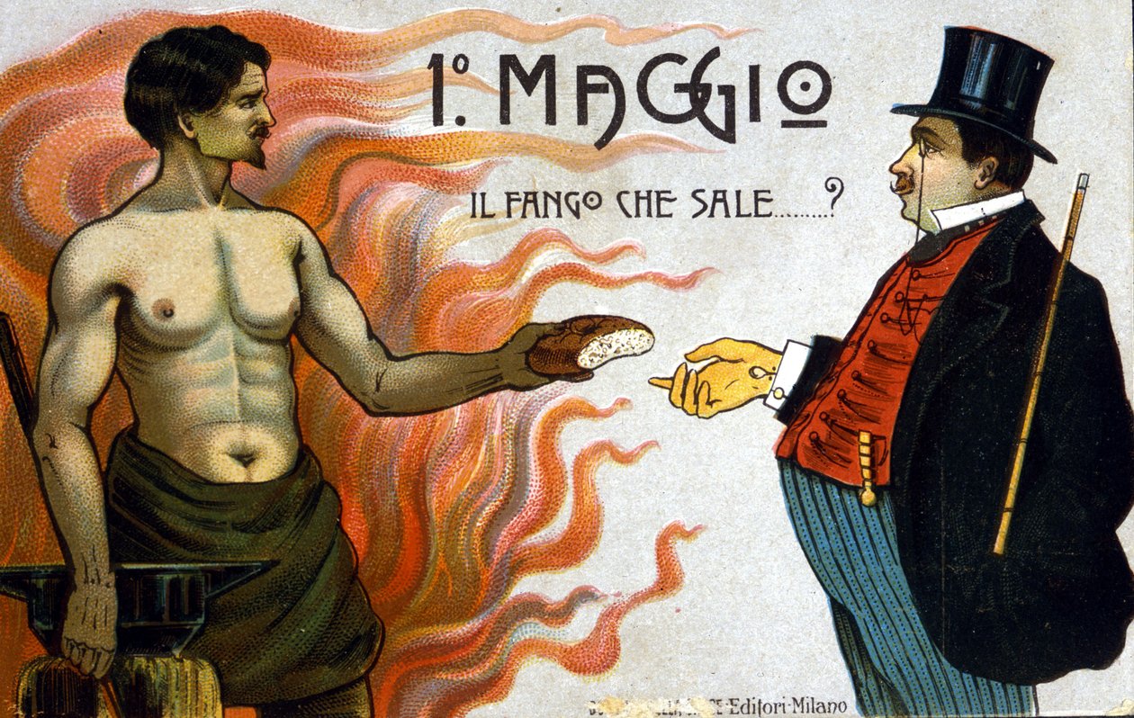 Alegoria walk klasowych: 1 maja: błoto unosi się, robotnik oferuje chleb burżua. 1898 autorstwa Unknown artist