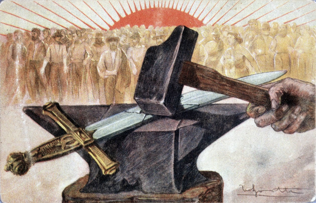 Alegoria socjalizmu z symbolami robotniczymi (kowadło i młotek). autorstwa Unknown artist