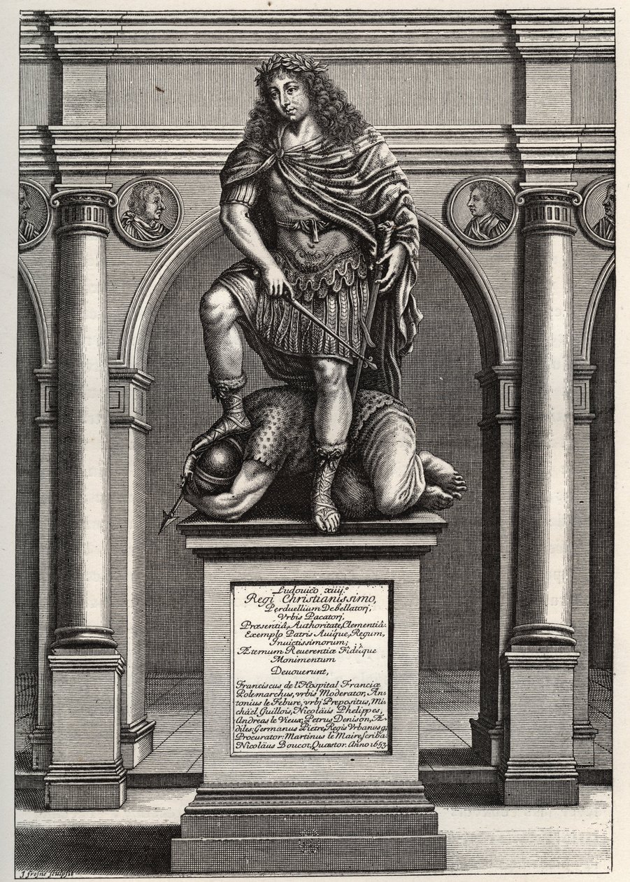Alegoria przedstawiająca króla Ludwika XIV (1638-1715) miażdżącego wrogów. Rycina J. Frosne z 1653 r. Ze zbiorów prywatnych. autorstwa Unknown artist