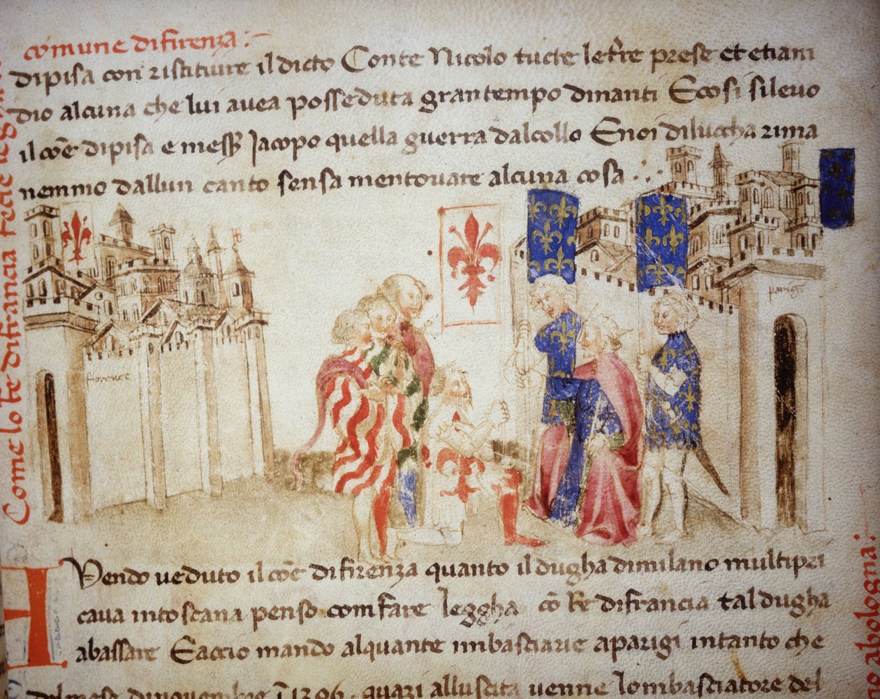 Sojusz króla Francji Karola VI z gminą Florencja w 1396 r. – w „Croniche del Sercambi”, ok. 1400 r. Archiwum Narodowe, Lukka. autorstwa Unknown artist