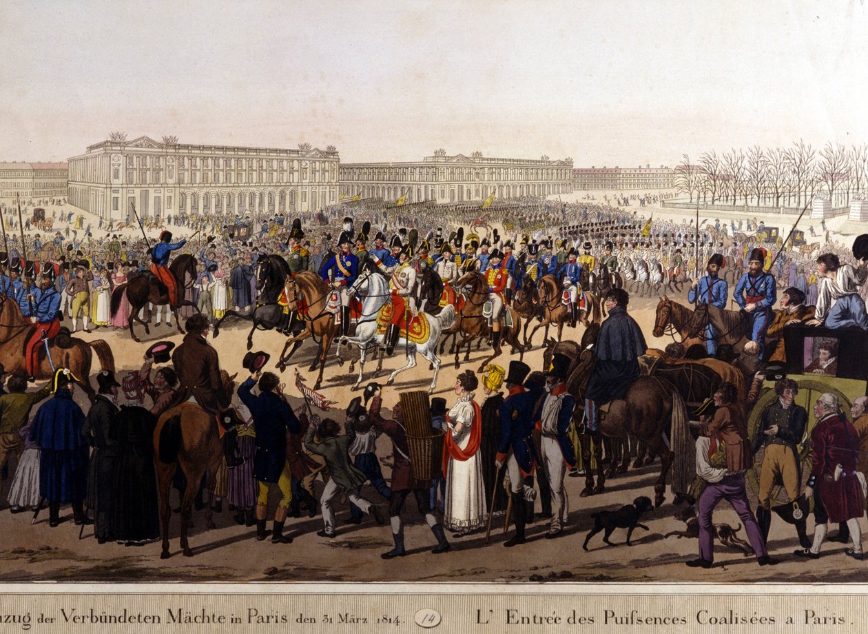 Alianci wkroczyli do Paryża 31 marca 1814 (Rosja Aleksander I, cesarz austriacki Franciszek Józef I i król pruski Fryderyk Wilhelm III). autorstwa Unknown artist