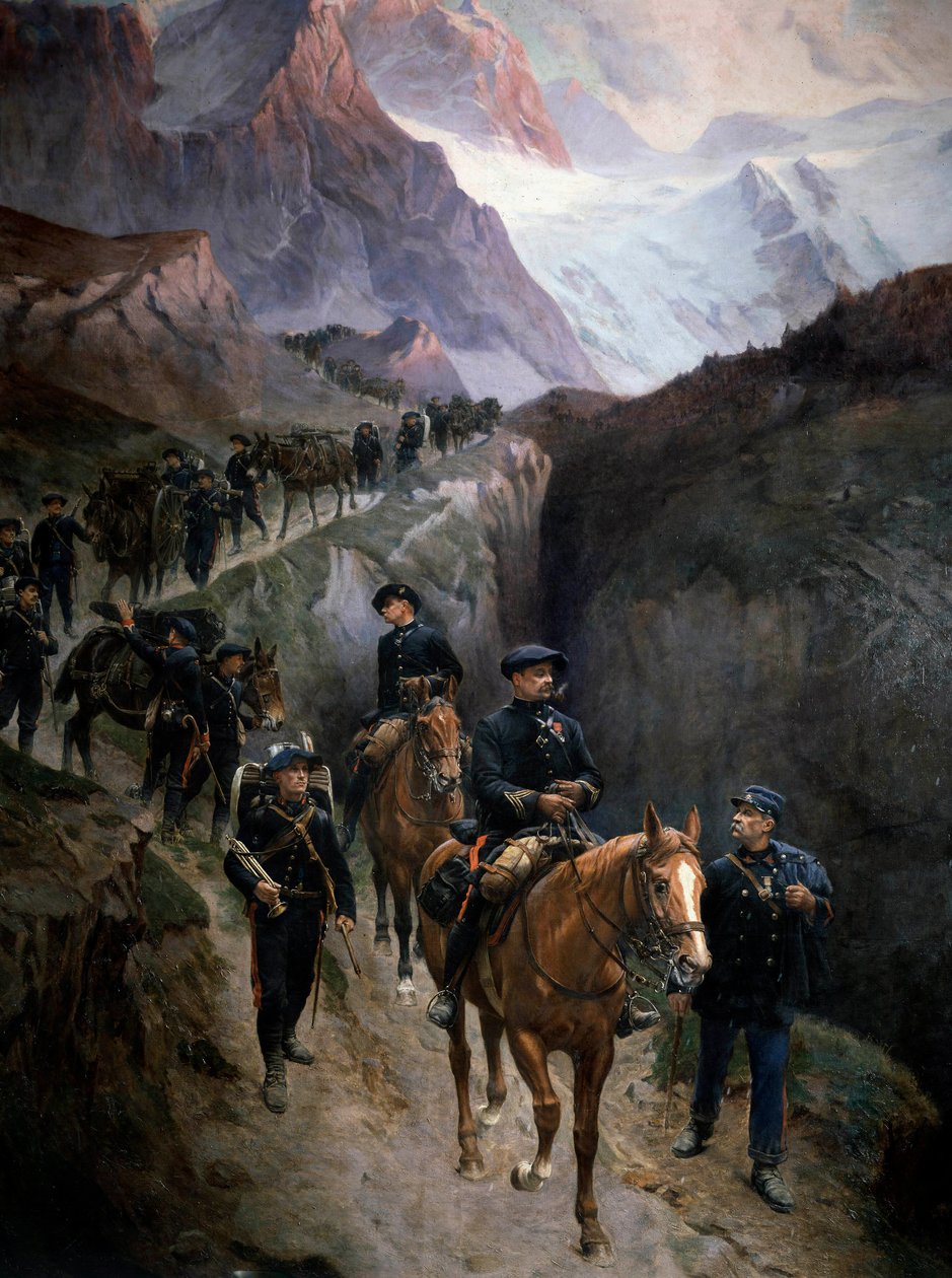 Łowcy alpejskich w górach w 1890 Anonimowy obraz. 1890 Paryż, Musee de l