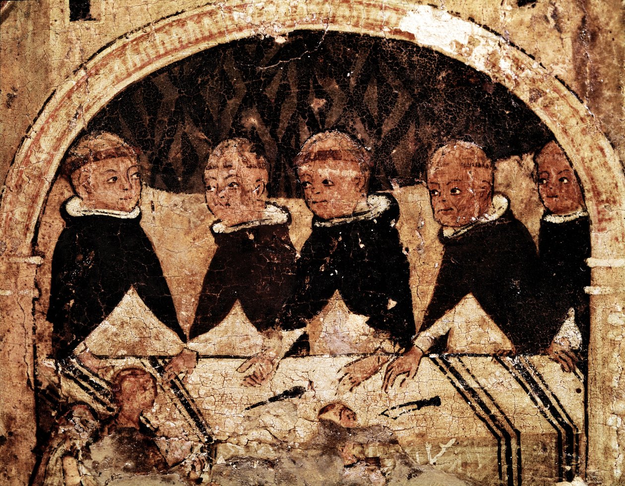 Ołtarz z życia św. Dominika Guzmana (1170-1221), założycielki zakonu dominikanów: grupa mnichów dominikańskich. Malarstwo na drewnie z XIII wieku. Neapol, Museo Nazionale di Capodimonte autorstwa Unknown artist