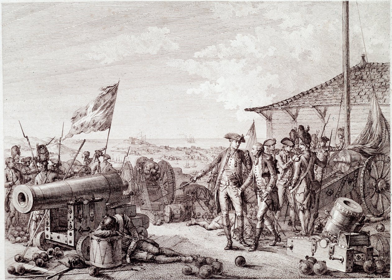 Wojna o niepodległość Stanów Zjednoczonych: Bitwa o Grenadę w dniu 6 lipca 1779 r. między brytyjską marynarką wojenną a marynarką francuską (grawerowanie autorstwa Unknown artist