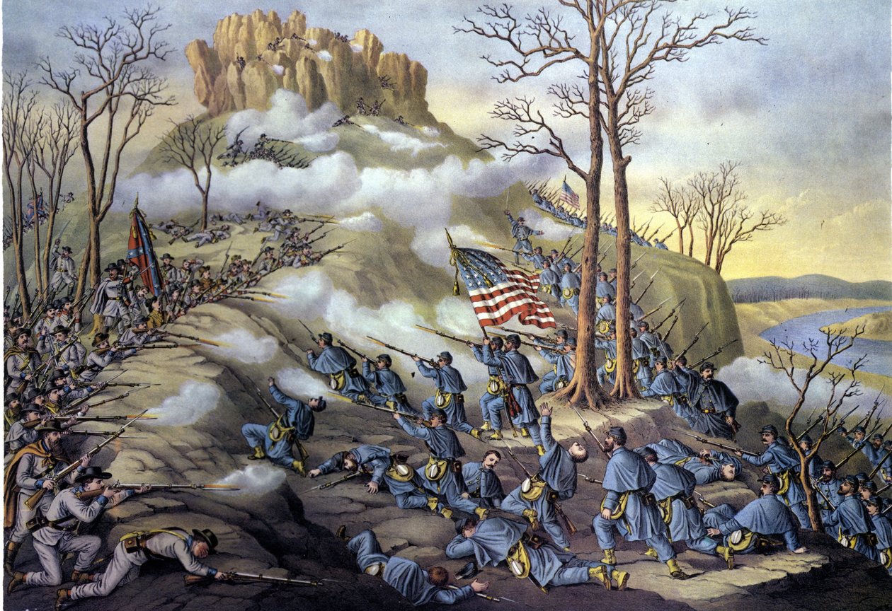 Amerykańska wojna secesyjna lub wojna domowa (1861 - 1865): 23.11.1863, Bitwa pod Lookout Mountain w Tennessee, atak znany dziś jako bitwa ponad chmurami z powodu mgły, która pozwoliła wojskom federalnym szybciej posuwać się naprzód. Rycina XIX wieku. autorstwa Unknown artist