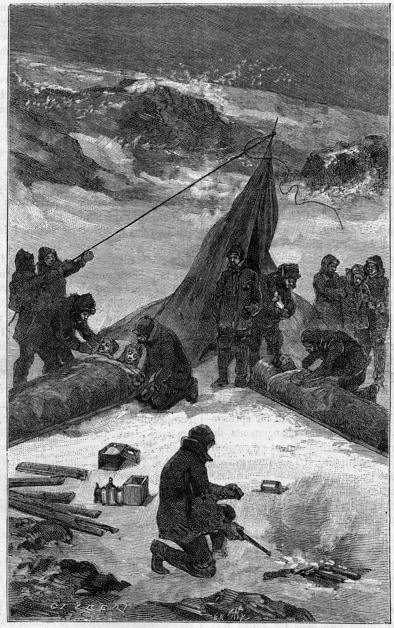 Amerykańska wyprawa do Lady Franklin Bay (1881-1884): ratowanie załogi. Rycina w „Przyroda: przegląd nauk i ich zastosowania w sztuce i przemyśle” z dnia 22 czerwca 1889 r. autorstwa Unknown artist