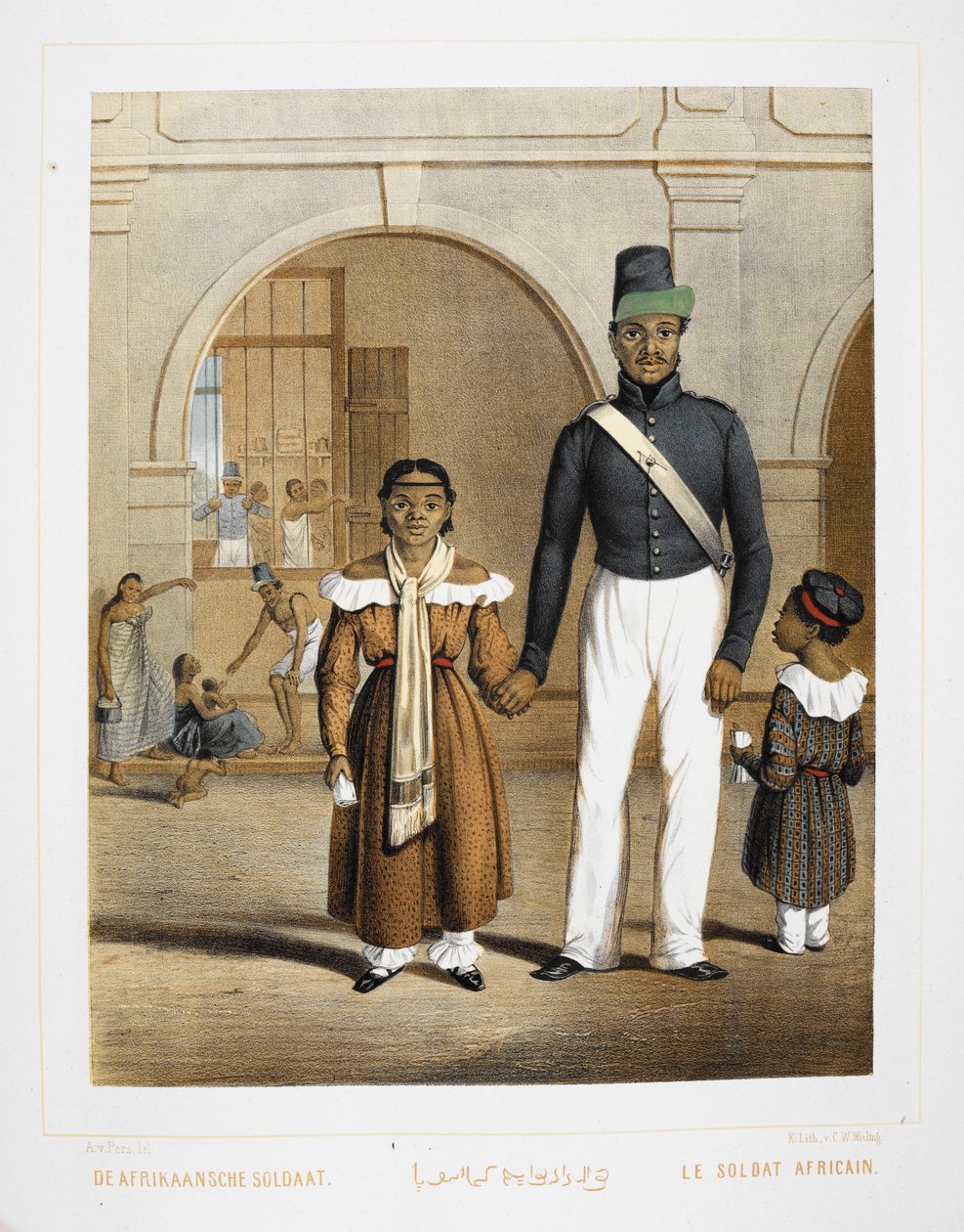 Afrykański żołnierz z rodziną. Mieszkańcy Indonezji. autorstwa Unknown artist